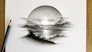 Thumbnail: Realistic Sunset Lake Landscape Drawing / Step by Step Pencil Drawing