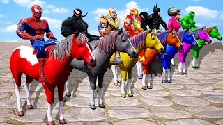 Thumbnail: Team 5 Spider Man: Horse Racing Challenge with Scary Teacher vs Spiderman, Hulk, Iron Man, Batman