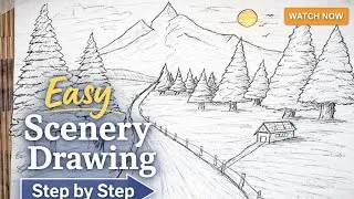 Thumbnail: Easy Scenery Drawing for Beginners ✏️ Step by Step Tutorial | @SketchbookbyAbhishek 