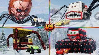 Thumbnail: The Race in The Snowstorm ❄ TRUCK 🆚 SCHOOL BUS 🚌 McQueen vs Giant Mutants 🏎Tiles Hop EDM Rush!👹