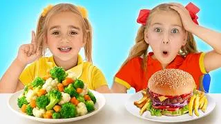 Thumbnail: Alice et Sasha choisissent entre aliments sains et malbouffe ! Une histoire de cuisine avec des