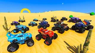 Thumbnail: Race Pixar Cars Monster Trucks in the Desert McQueen Truck Mater The King Chick Hicks & Friends