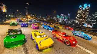 Thumbnail: Pixar Cars Neon Night Street Race in Los Santos   Epic Jumps & Speed! McQueen vs Storm, King, Cruz!