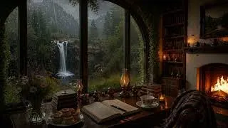 Thumbnail: Secluded Forest Waterfall 💦 Gothic Library📚: Rain Storm, Scottish Fiddle & Cello | Dark Academia