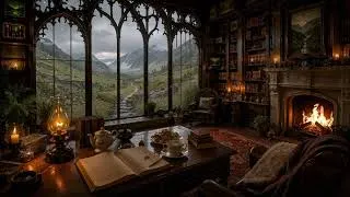 Thumbnail: Cozy Highland Valley Path Library 🌧️: Rainy Day, Scottish Celtic Fiddle & Fire | Dark Academia
