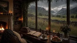 Thumbnail: Cozy Highland Sheep Meadow Library 🐑: Rainy Day, Celtic Fiddle & Fire | Dark Academia