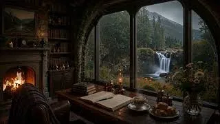 Thumbnail: Scottish Woodland Waterfall Library: Rain Storm, Fiddle & Cello Music | Dark Academia