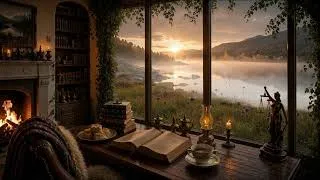Thumbnail: Cozy Highland Library 🌄 Loch: Celtic Fiddle Music, Misty Sunrise, & Fire | Dark Academia Cottagecore