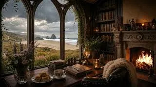 Thumbnail: Cozy Highlands Coastal Library 🌊: Celtic Fiddle Music, Remote Beach Rain, & Fire | Dark Academia