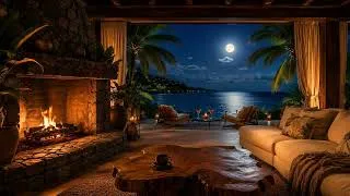 Thumbnail: Ocean Front Villa | Night Ambience | Calm Beach Waves & Crackling Fire Sound, Crickets Conversation