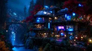 Thumbnail: Ambient Cyberpunk - Rainy Neon Hillside Retreat | Soothing Rain Soundscape for Sleep & Study | 4k