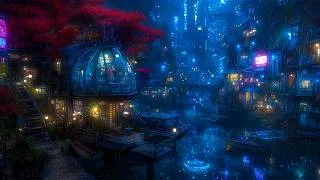 Thumbnail: Ambient Cyberpunk - Rainy Neon Glass Dome Harbor | Soothing Rain Ambience for Sleep & Focus | 4k
