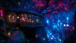 Thumbnail: Ambient Cyberpunk - Cliffside Neon Cafe Overlook | Rain Ambience for Deep Work & Relaxation | 4k