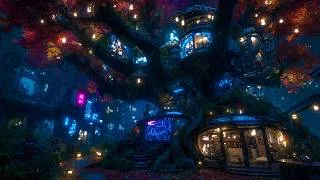 Thumbnail: Ambient Cyberpunk - Rainy Neon Bioluminescent Treehouse | Soothing Soundscape for Deep Sleep | 4k