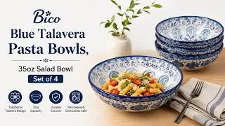 Thumbnail: Bico Blue Talavera Pasta Bowls, 35oz Salad Bowl Set of 4 | Large Ceramic Serving Dinner Bowls