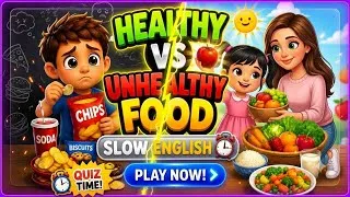 Thumbnail: 🍎🥕 Healthy Food vs Unhealthy Food | Slow English for beginners (A1–A2)