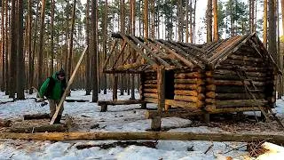 Thumbnail: Building a big bushcraft log cabin with a canopy in the forest