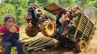 Thumbnail: An agricultural vehicle transporting timber along a difficult, muddy road.