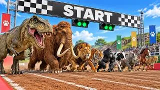 Thumbnail: Who Is the Fastest Animal? 🦖🐆 T-Rex vs Cheetah vs Mammoth, Lion, Tiger & Gorilla | 3D Race