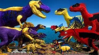 Thumbnail: Thanos T-Rex vs Deadpool Indoraptor and Wolverine Indoraptor Team | Animal Revolt Battle Simulator