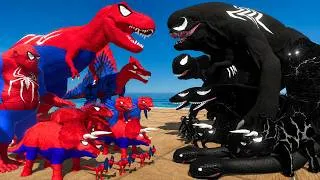 Thumbnail: Spiderman T-Rex vs Venom D-Rex Team | Dinosaurs Arena Challenge | Animal Revolt Battle Simulator