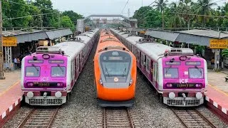 Thumbnail: Non-Stop Train Crossing Videos | Sleeper Vande Bharat + Pink EMU + Classic EMU Local Trains