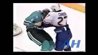 Thumbnail: NHL Feb. 22, 1995 Denis Chasse,STL v Mike Rathje,SJ St. Louis Blues San Jose Sharks