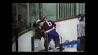 Thumbnail: WHL ?. ?, 1989 Pryce Wood,BRN v Pat Pylypuik,LET  Brandon Wheat Kings Lethbridge Hurricanes