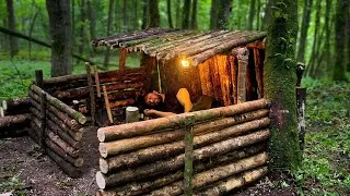 Thumbnail: Solo Bushcraft: Building a Cozy Log Shelter in the Wild From Scratch. Survival