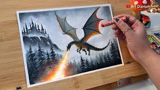 Thumbnail: Fire breathing Dragon scene with Oil Pastel - Step-by-step 