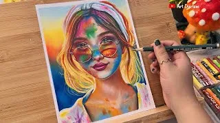 Thumbnail: Holi festival Girl Portrait with Oil Pastel - Step-by-step 