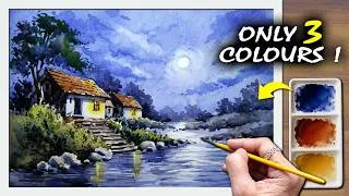 Thumbnail: 🎨 A Glowing Moonlit Landscape Painting Using Only 3 Colours | Easy Watercolor Tutorial | निसर्गचित्र