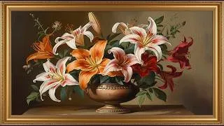 Thumbnail: Vintage Multicolor Lilies Bouquet Oil Painting | Elegant Gold Frame | Floral Art 4K