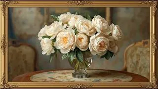 Thumbnail: Vintage Soft Light Pastel Peonies Oil Painting | Elegant Gold Frame | Floral Art 4K