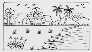 Thumbnail: Sundar prakrutik drishya drawing/ how to draw scenery with pencil/ riverside village scenery drawing