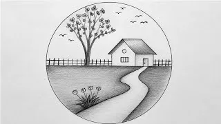 Thumbnail: House scenery drawing in circle/ Easy circle scenery drawing/ circle scenery drawing with pencil 