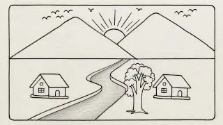 Thumbnail: Simple village scenery drawing/ mountain river house tree scenery drawing/ river side scenery 