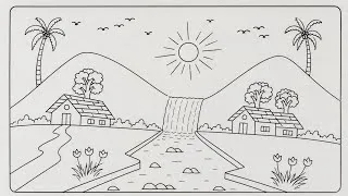 Thumbnail: Mountain river house tree scenery drawing/ best scenery drawing with pencil/ waterfall scenery art 