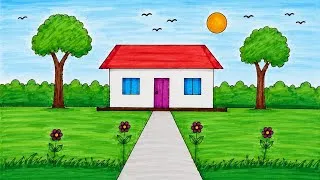Thumbnail: Beautiful house drawing with colour/ simple house scenery drawing for beginners/ ghar ka chitra 