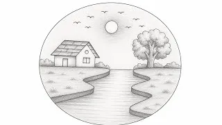 Thumbnail: Circle scenery drawing with pencil/ house scenery drawing easy/ prakrutik drishya drawing #scenery 
