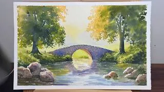 Thumbnail: Watercolor Painting - Golden Light at the Old Stone Bridge