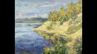 Thumbnail: Autumn Painting Sandy Beach Artwork Birch Impressionism Art Nature