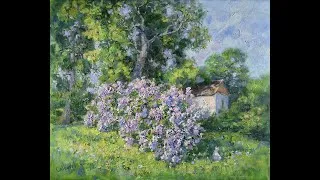 Thumbnail: Lilac Painting Landscape House Trees Summer Nature Original Artwork