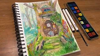 Thumbnail: Drawing and watercolor painting for begging/ Step by step/ Relaxing painting 🍃