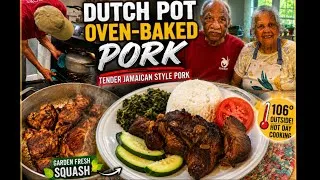 Thumbnail: 🔥 Dutch Pot Oven-Baked Pork | Tender Jamaican Style Pork with White Rice & Fresh Garden Squash 🌿🐖