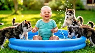 Thumbnail: Cute Baby & Husky Puppies Splash Party 💦 | Funny Baby and Dogs Water Play