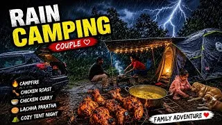 Thumbnail: Couple Car Camping in Heavy Rain 🌧️ |Campfire Chicken Roast & Chicken Curry | Banzara Vlogs