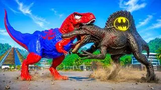 Thumbnail: SPIDER-MAN T-Rex vs BATMAN Spinosaurus | The Most EPIC Dinosaur Battle 🦖