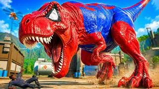 Thumbnail: SPIDER-MAN Mega T-REX vs VENOM King Shark | Who Rules JURASSIC WORLD? 🦖