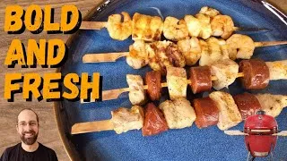 Thumbnail: ULTIMATE SKEWERS ON THE KAMADO BONO || COD & CHORIZO + PRAWN & HALLOUMI 